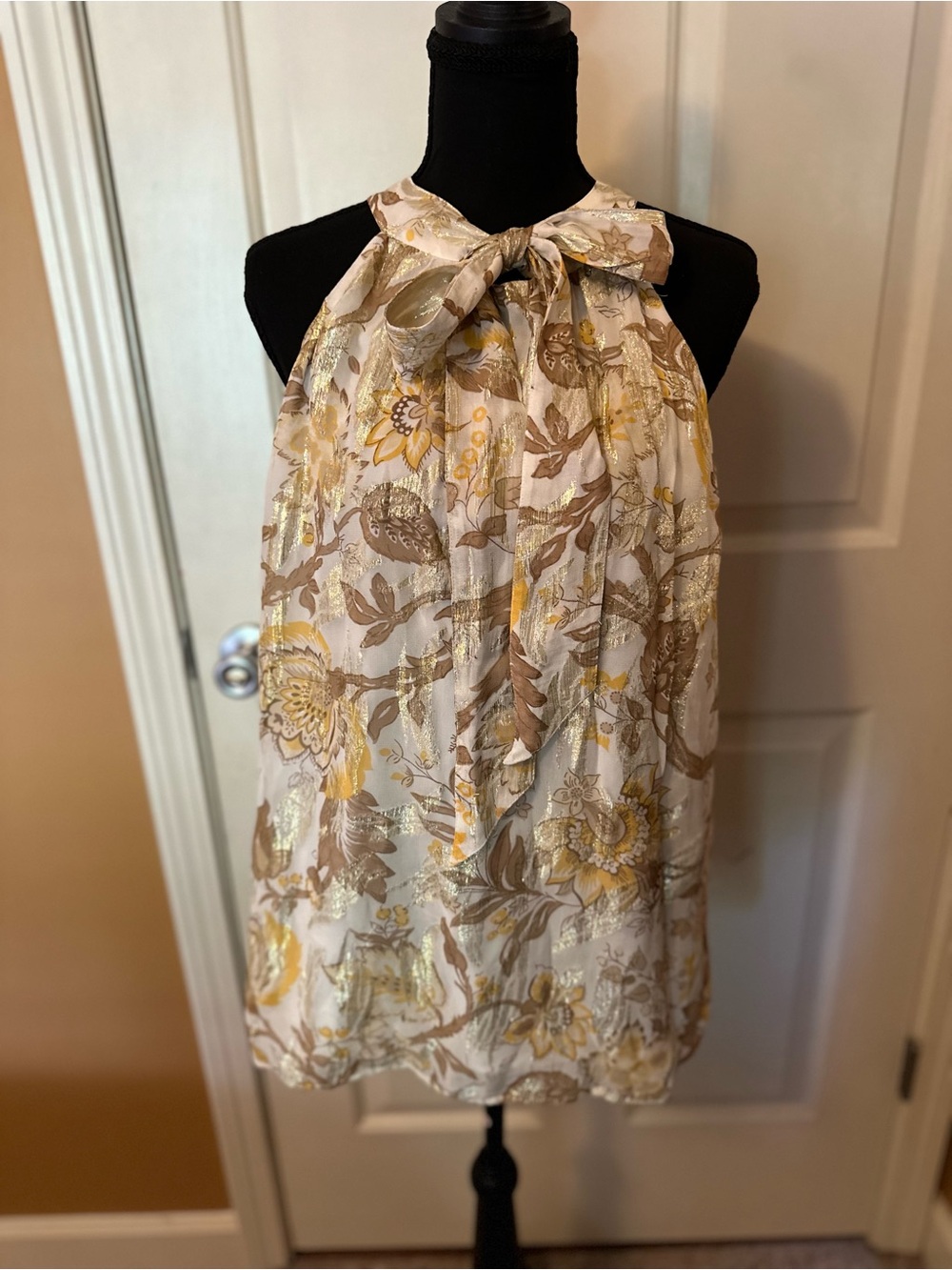 Talbots Cream and Gold Floral Halter Bow Camisole